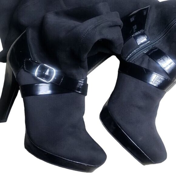 Black Over-The-Knee Platform Boots With Buckle & Zipper - Picture 7 of 8